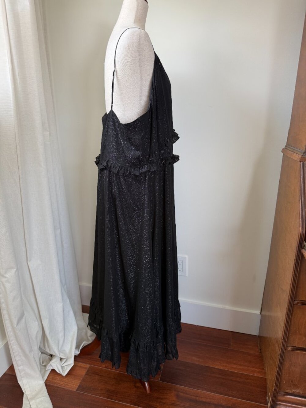 Madewell Plus Size 22 Black Metallic Ruffle Midi Dress Spaghetti Strap Tiered - Picture 4 of 9